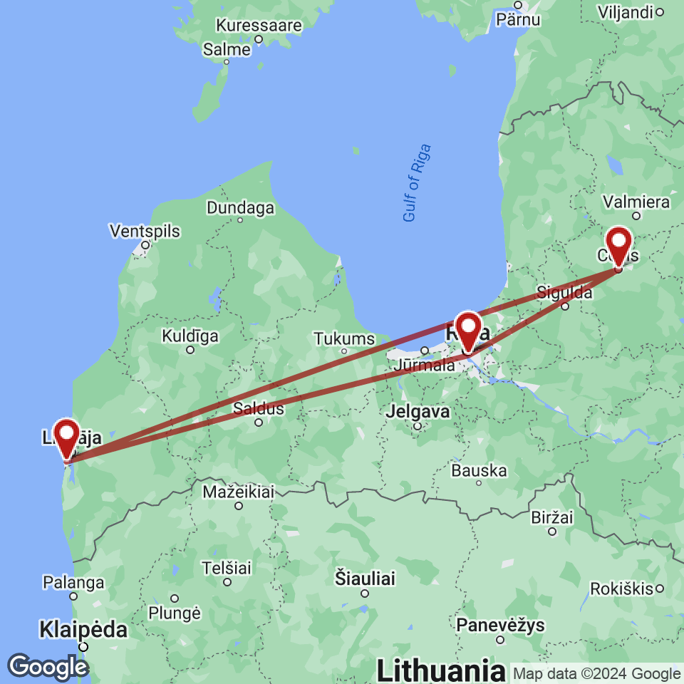 Route for Riga, Liepaja, Cesis, Riga tour